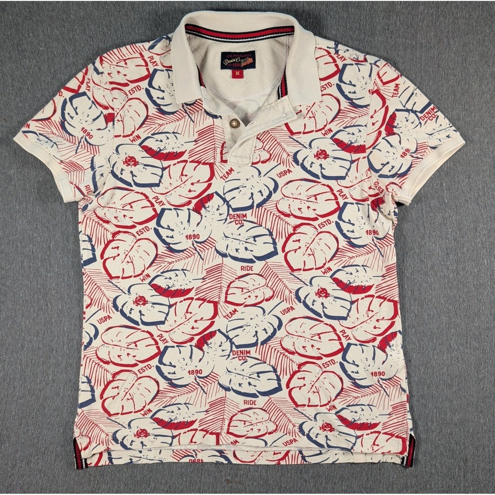 Y2K Polo Shirt USA Tropical AOP Logo Red White Blue Size M US Polo Assn Denim Co